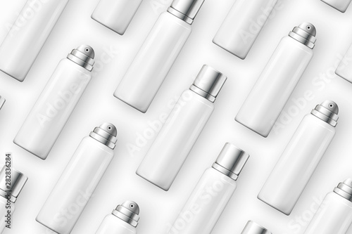 Vector template - realistic cosmetics spray bottles on table, mockup for your package design