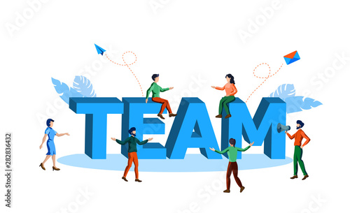 team working and interacting around word team