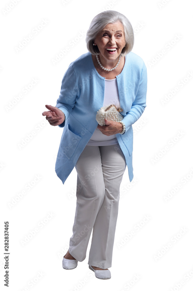 Smiling beautiful senior woman posing on white background Smiling beautiful senior woman posing on white background