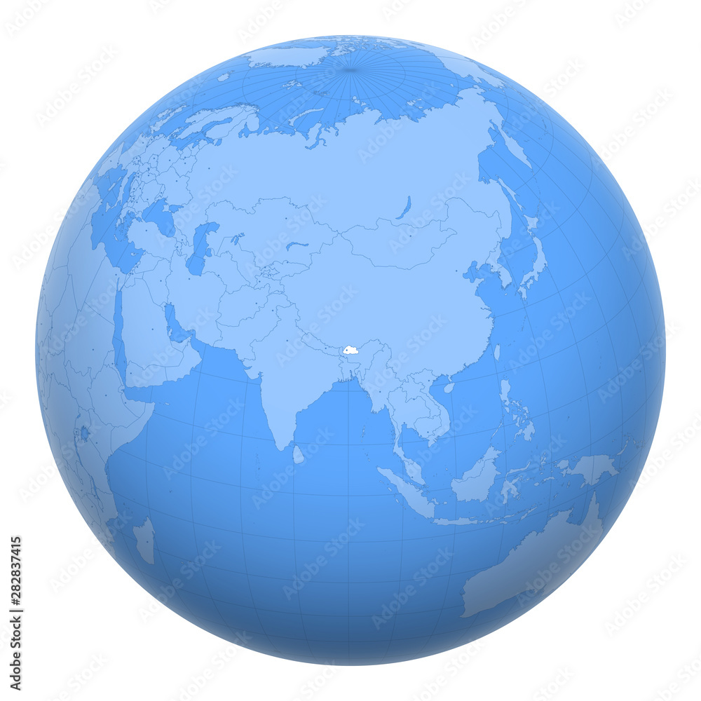 Bhutan on the globe. Earth centered at the location of the Kingdom of Bhutan. Map of Bhutan. Includes layer with capital cities. Bhutan on the globe. Earth centered at the location of the Kingdom of Bhutan. Map of Bhutan. Includes layer with capital cities.