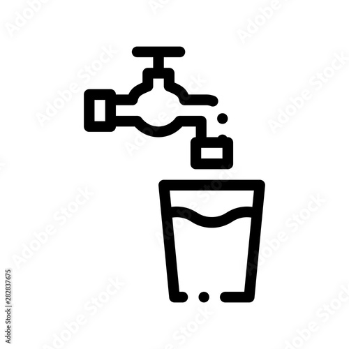 Faucet With Water Glass Vector Sign Thin Line Icon. Water Glass With Crane Tap Linear Pictogram. Recycling Environmental Ecosystem Plumbing Industry Monochrome Contour Illustration