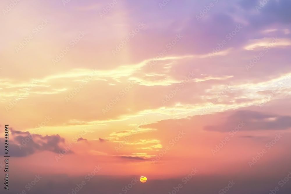 Dramatic atmosphere panorama view of beautiful sunset sky and cloud with golden sunlight in summer.