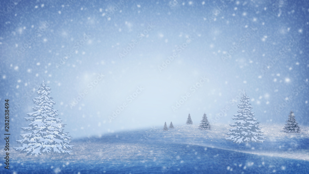 Winter landscape. Snow-covered Christmas trees on the mountain slopes. Christmas mood. Winter background.