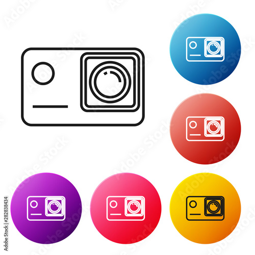 Black line Action extreme camera icon isolated on white background. Video camera equipment for filming extreme sports. Set icons colorful circle buttons. Vector Illustration