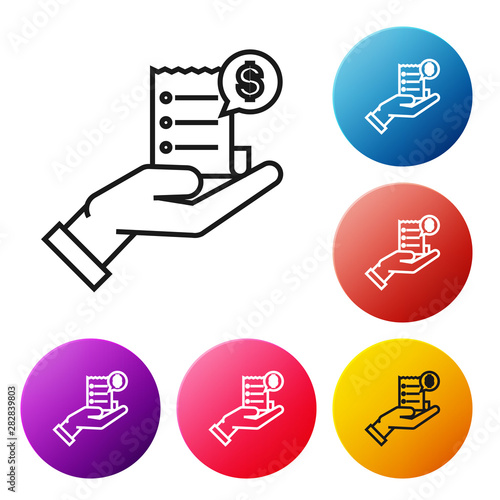 Black line Human hand holding with blank receipt or bill for payment icon isolated on white background. Banking and business operations. Set icons colorful circle buttons. Vector Illustration