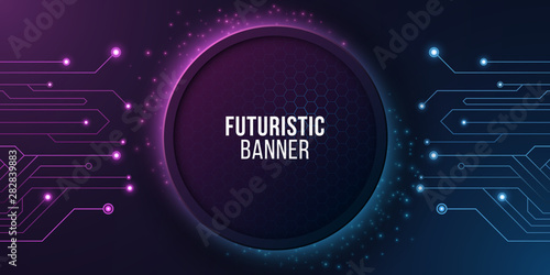 Futuristic banner with computer circuit. Modern tech design. Blue and purple glowing neon honeycombs with flying glowing dust. Vector illustration