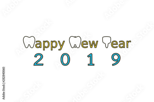 Happy New Year 2019, tooth with number - dental cartoon vector flat style