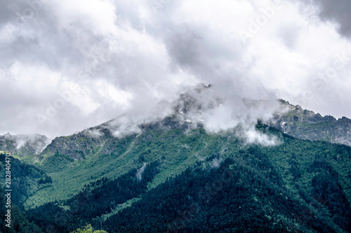 mountain landscape - mountains forest, rocks glaciers snow clouds, Dombay, Karachay-Cherkessia, Russia