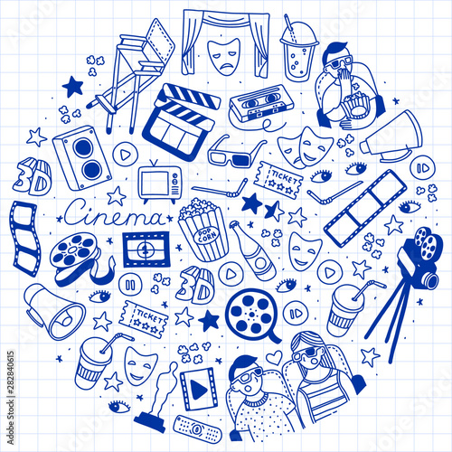 Vector set. Cartoon cute hand drawn Cinema. ink detailed, image of pen on checkered notebook. Doodle Set. Hand drawn cinema icons doodle