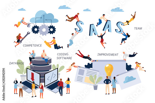 Business Concept of SAAS, Coding Software, Improvement, Database, Competence. Team lerks Invention, Setup and Implementation of the Program. Cartoon flat Design, Isolated Vector Illustration.