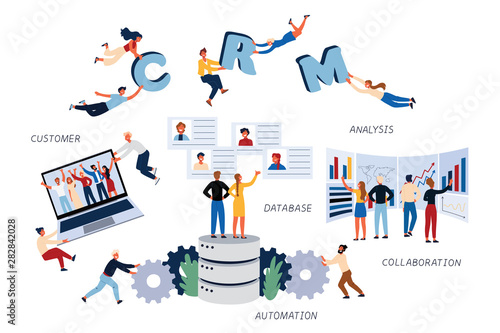 Business Concept of CMR, Customer, Analysis, Database, Collaboration, Automation, Relationship. Team lerks Improve, Optimize customer Service and Work. Cartoon flat Design, Isolated Vector