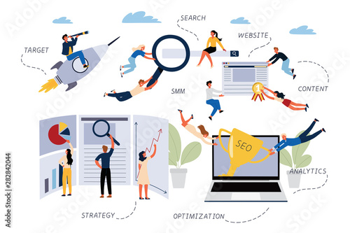 Business Concept of SEO, Search, Optimization, Target, Website, SMM, Content, Analytics, Strategy. Team lerks Analyze, Improve the Work of the Site . Cartoon flat Design, Isolated Vector Illustration.