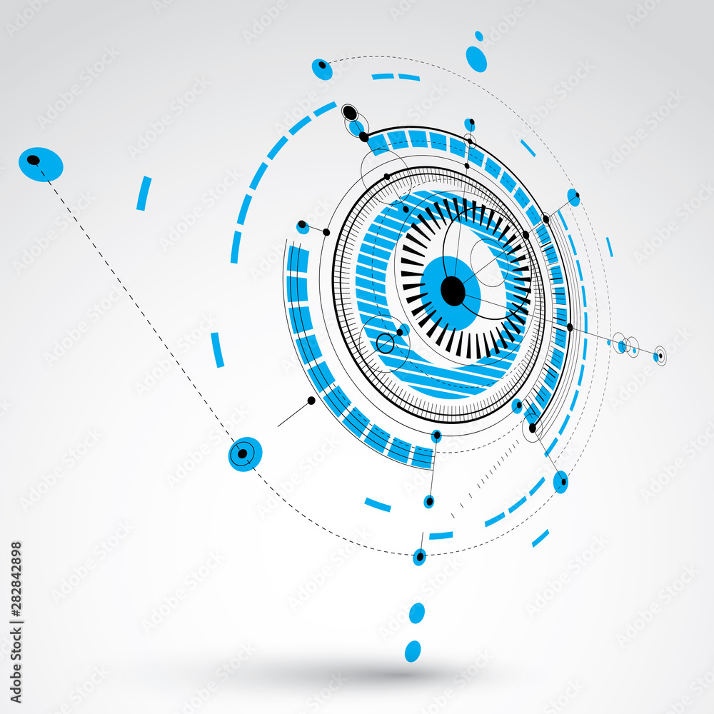 Technical plan, blue abstract engineering draft for use in graphic and web design. Perspective vector drawing of industrial system created with mechanical parts and circles. Technical plan, blue abstract engineering draft for use in graphic and web design. Perspective vector drawing of industrial system created with mechanical parts and circles.