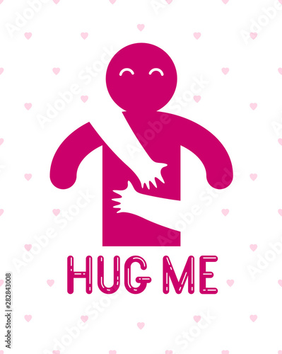 Beloved man with care hands of a lover woman hugging and caresses his chest, vector icon logo or illustration in simplistic symbolic style.