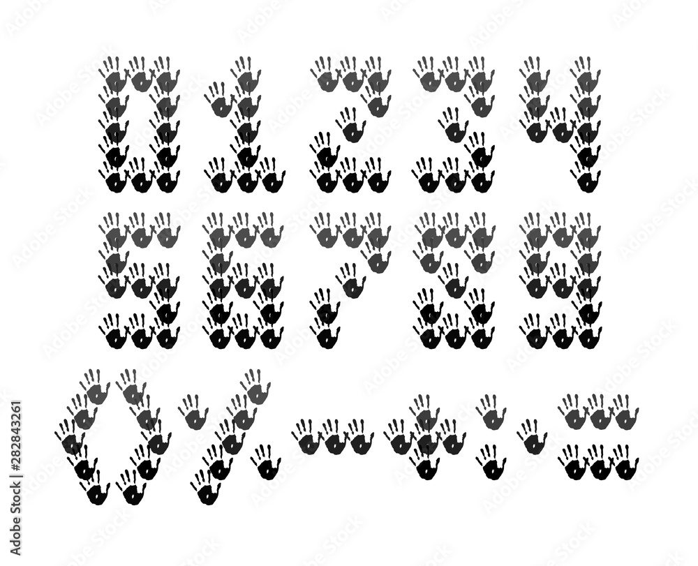 Black signs numbers 1, 2, 3, 4, 5, 6, 7, 8, 9 Isolated on white background. Creative font from handprints. Black signs numbers 1, 2, 3, 4, 5, 6, 7, 8, 9 Isolated on white background. Creative font from handprints.