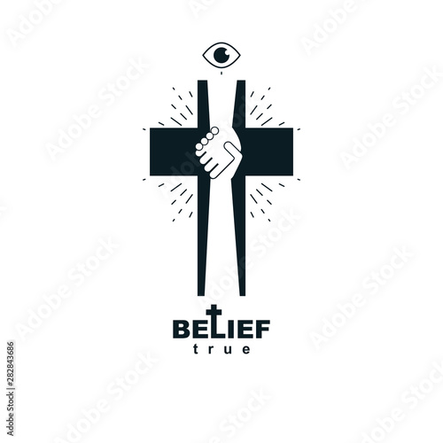 Hand of God shaking the hand of believer, helping and love of Jesus. Christian Cross vector symbol, Christianity God religion icon.