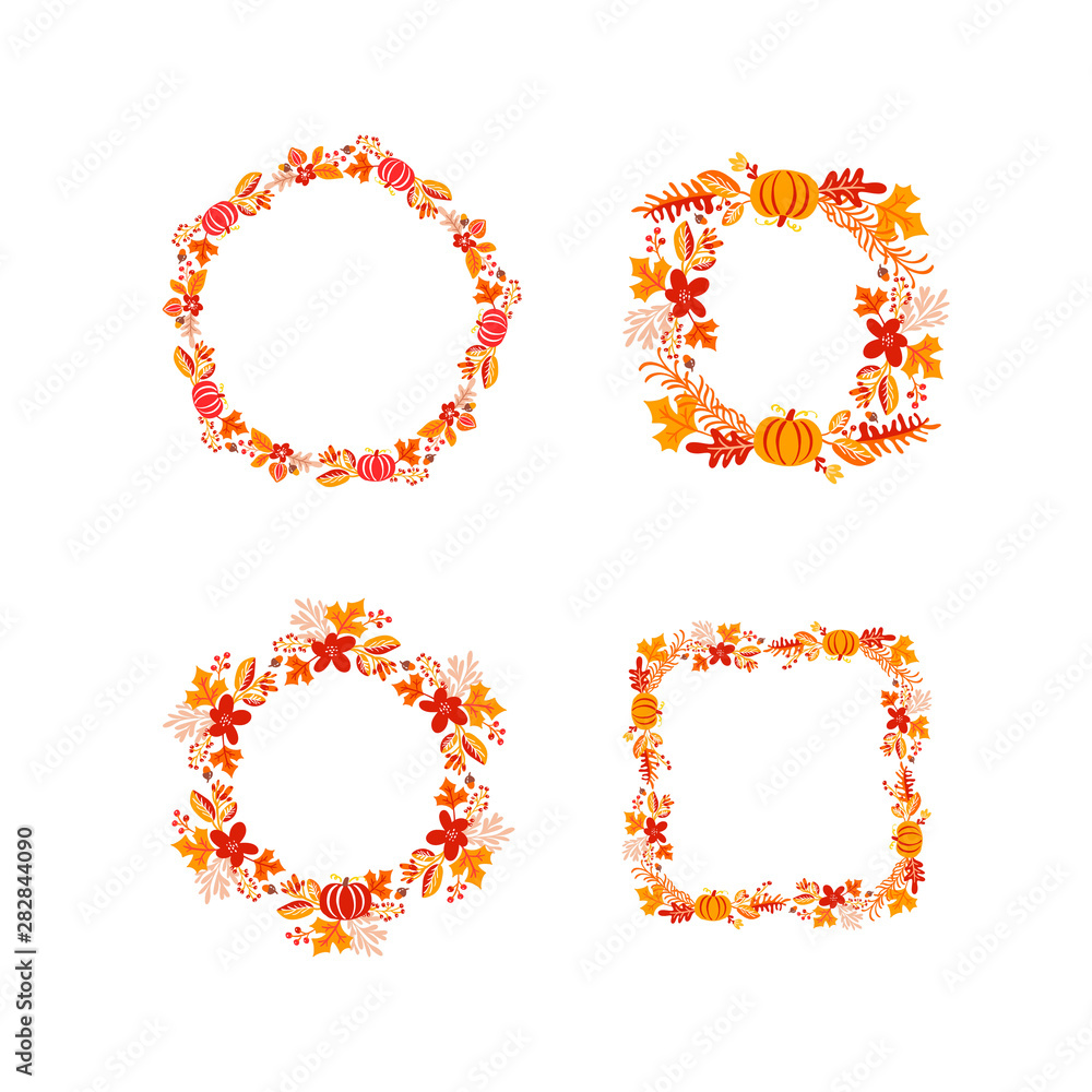 Bundle of vector frame autumn bouquet wreath with place for text. Set of orange isolated leaves, berries and pumpkin. Perfect for seasonal holidays, Thanksgiving Day Bundle of vector frame autumn bouquet wreath with place for text. Set of orange isolated leaves, berries and pumpkin. Perfect for seasonal holidays, Thanksgiving Day