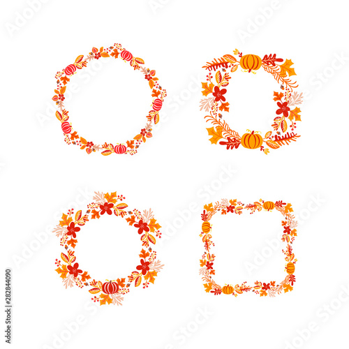 Bundle of vector frame autumn bouquet wreath with place for text. Set of orange isolated leaves, berries and pumpkin. Perfect for seasonal holidays, Thanksgiving Day