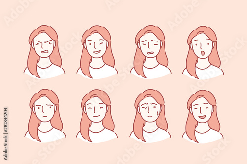 Beautiful woman portrait with different facial expressions set isolated on background. Young girl smiling, happy, kind, greeting emotion happy, anger, laugh, surprise, cheerful, angry, unhappy, joy