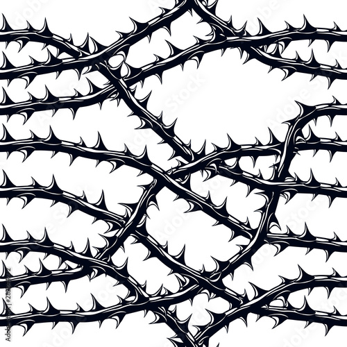 Horror style horrible seamless pattern, vector background. Blackthorn branches with thorns stylish endless illustration. Hard Rock and Heavy Metal subculture music textile fashion stylish design. photo