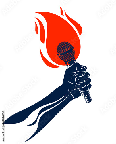 Microphone in hand on fire, hot mic in flames live show, rap battle rhymes music, concert festival or night club label, karaoke singing or standup comedy, vector logo, t-shirt print.