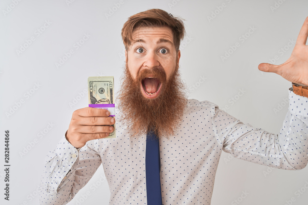 Young redhead irish businessman holding dollars standing over isolated white background very happy and excited, winner expression celebrating victory screaming with big smile and raised hands Young redhead irish businessman holding dollars standing over isolated white background very happy and excited, winner expression celebrating victory screaming with big smile and raised hands