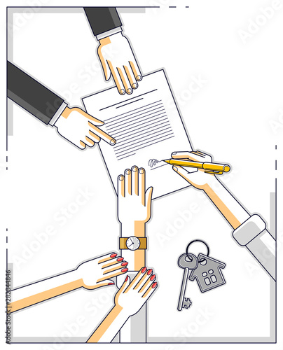 Man signs bank mortgage hypothec for real property house buying and his woman helps him to dare to make a decision and employee explains terms of loan, top view people hands and paper. Vector.