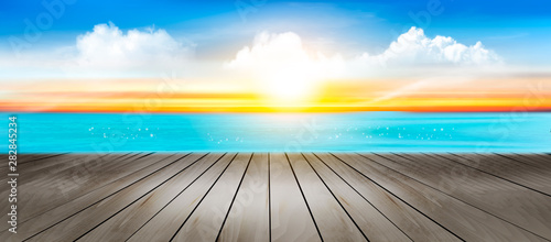 Summer vacation panorama. Tropical beach with a blue sea and sunset. Vector.