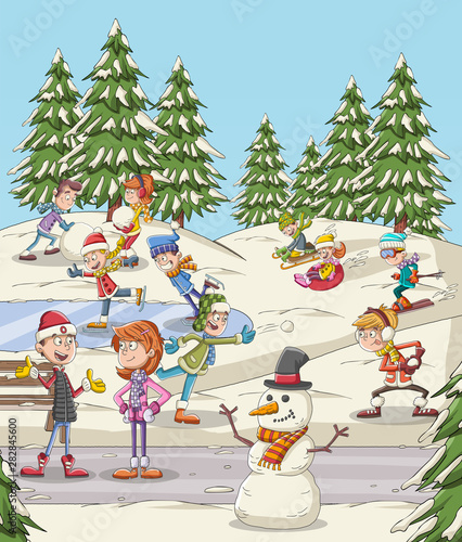 Cartoon people having fun in the park with snow. Winter nature landscape holiday.