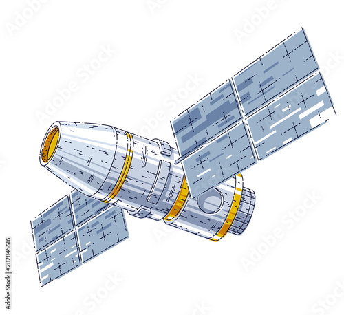 Space station iss floating in weightlessness in open space, spacecraft artificial satellite, science and technology. Thin line 3d vector illustration isolated on white background.