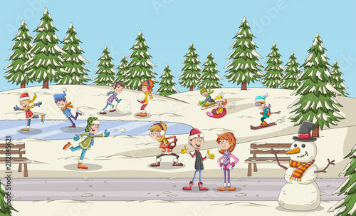 Cartoon people having fun in the park with snow. Winter nature landscape holiday.