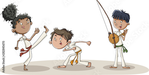 Cartoon kids practicing capoeira movements. Capoeira dancers.