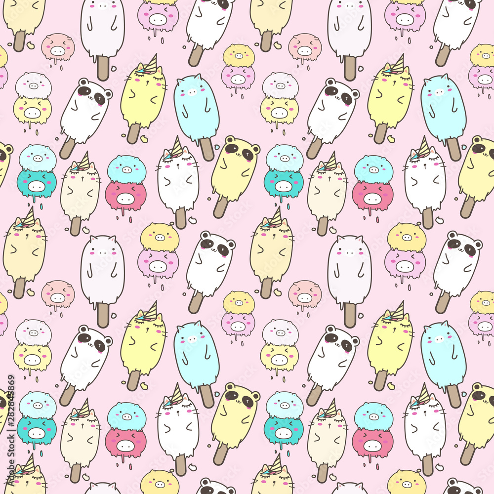 Cute animal ice cream seamless pattern background. Vector illustration for gift wrap design.