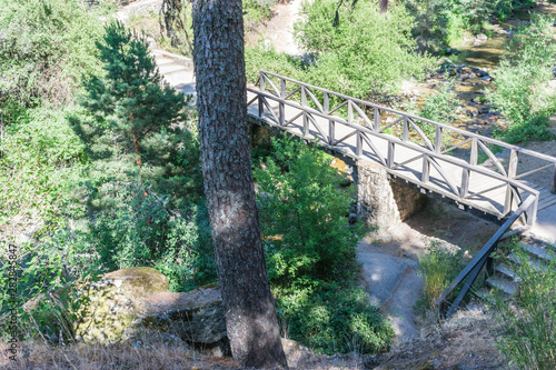 wooden bridge over mountain stream