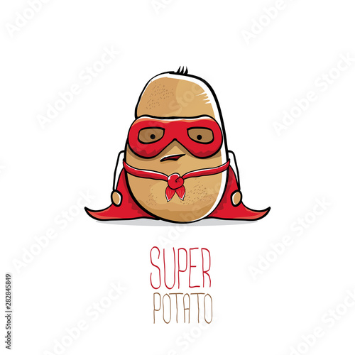 vector funny cartoon cute brown super hero potato with red hero cape isolated on white background. My name is potato vector concept. super vegetable funky character