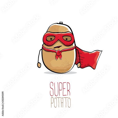 vector funny cartoon cute brown super hero potato with red hero cape isolated on white background. My name is potato vector concept. super vegetable funky character