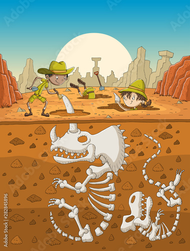 Cartoon paleontology kids working on excavation. Children digging dinosaurs fossil skeletons bones.
