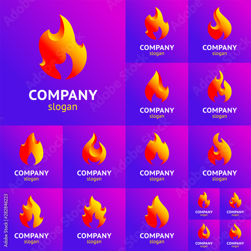 3d fire flames set, trendy colored symbols on gradient background