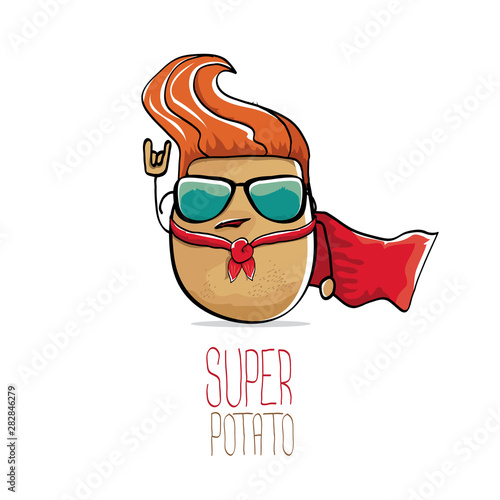 vector funny cartoon cute brown super hero potato with red hero cape isolated on white background. My name is potato vector concept. super vegetable funky character