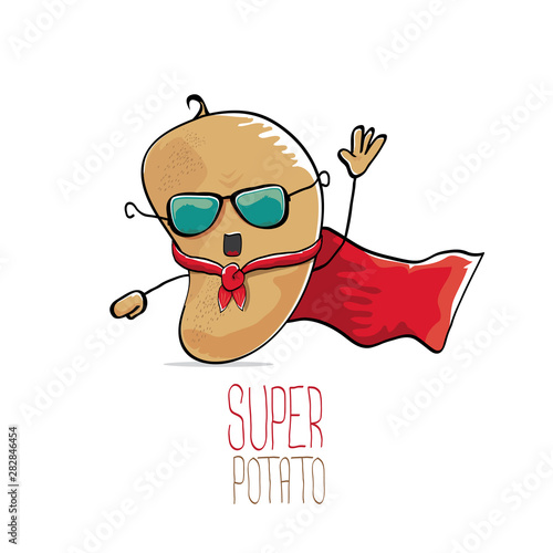 vector funny cartoon cute brown super hero potato with red hero cape isolated on white background. My name is potato vector concept. super vegetable funky character