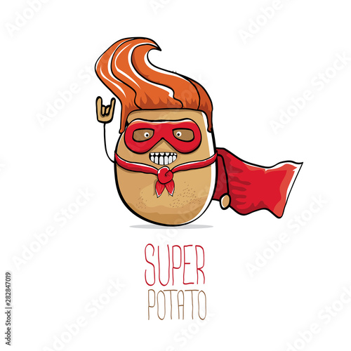 vector funny cartoon cute brown super hero potato with red hero cape isolated on white background. My name is potato vector concept. super vegetable funky character