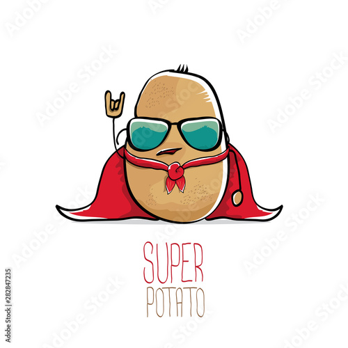 vector funny cartoon cute brown super hero potato with red hero cape isolated on white background. My name is potato vector concept. super vegetable funky character