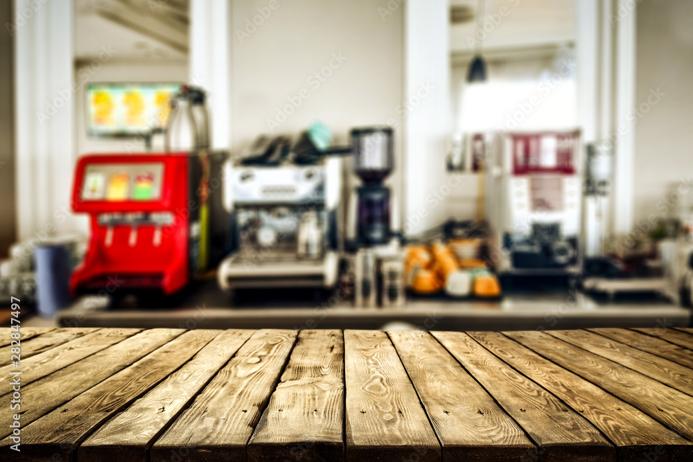 Desk of free space and blurred background bar Desk of free space and blurred background bar