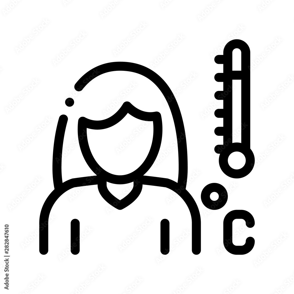 High Temprature Symptomp Of Pregnancy Vector Icon Sign Thin Line. Character Woman Silhouette And Medical Thermometer, Symptomp Of Pregnancy Pictogram. Future Mother Monochrome Contour Illustration