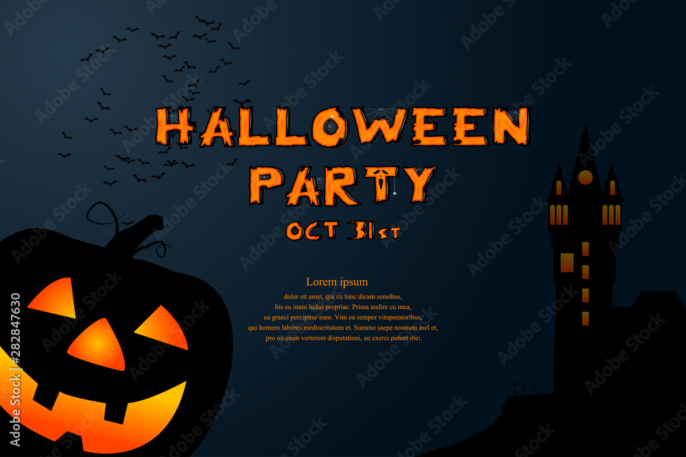 Halloween background with scary castle, bat and pumpkin. Design for Halloween party poster or banner. Vector illustration.