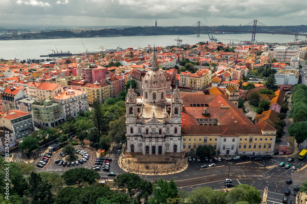 Estrela basilica Lisbon Lapa, Portugal, Europe. Old architecture, panorama view, summer
