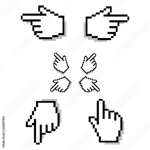 Hand pixel cursor in different direction up, down, left and right. Isolated on white background. Vector illustration.