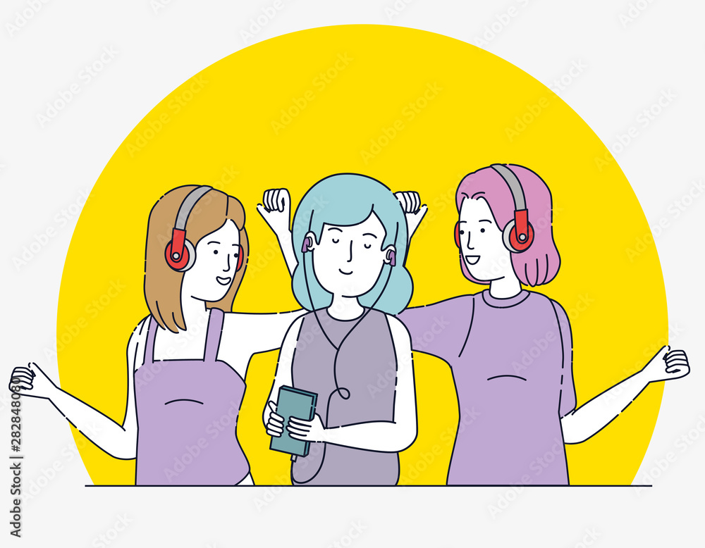 happy girls with modern headphones and smartphone happy girls with modern headphones and smartphone