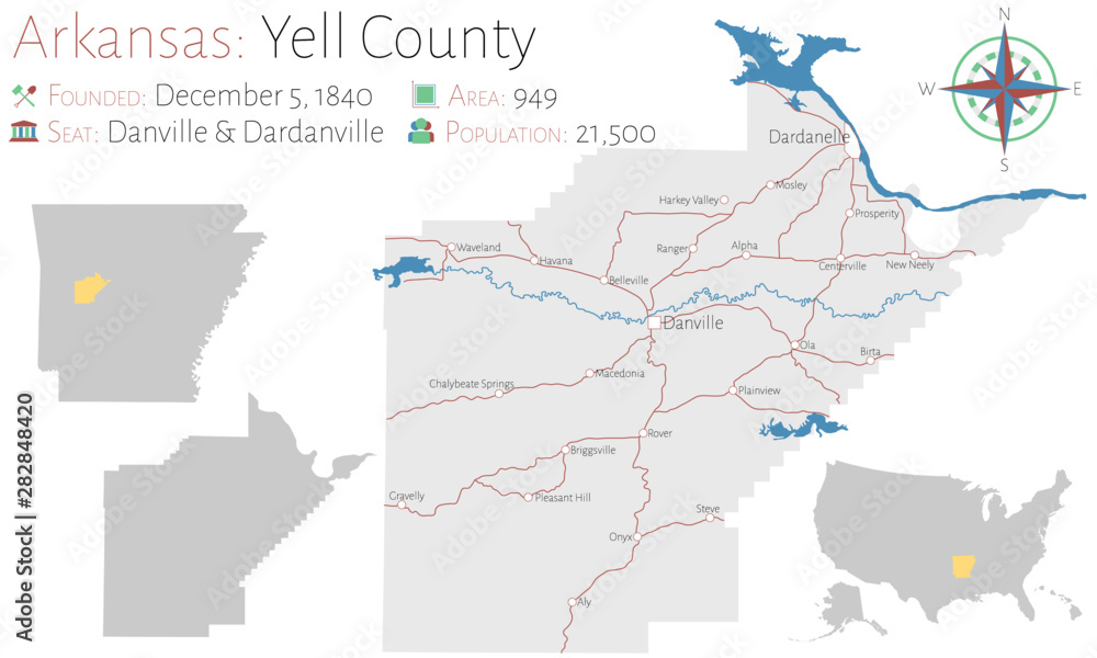 Large and detailed map of Yell county in Arkansas, USA