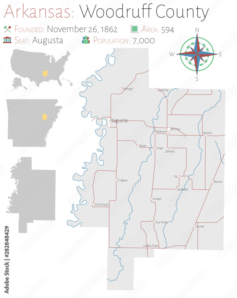 Fototapeta Large and detailed map of Woodruff county in Arkansas, USA